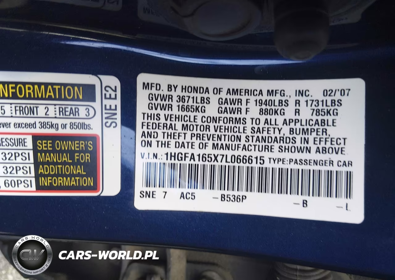 2007 Honda Civic Lx VIN:1HGFA165X7L066615 - 9