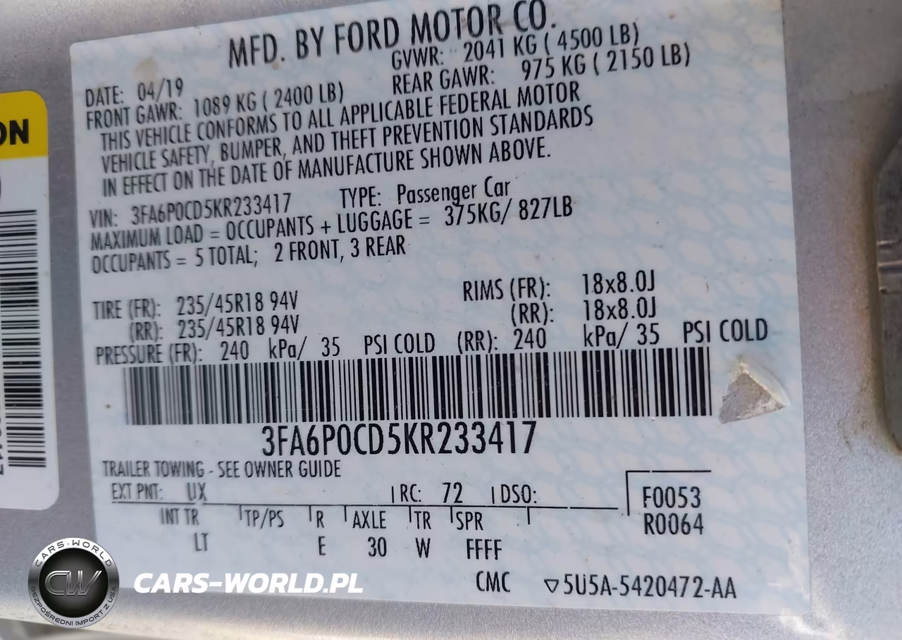2019 Ford Fusion Sel VIN:3FA6P0CD5KR233417 - 9