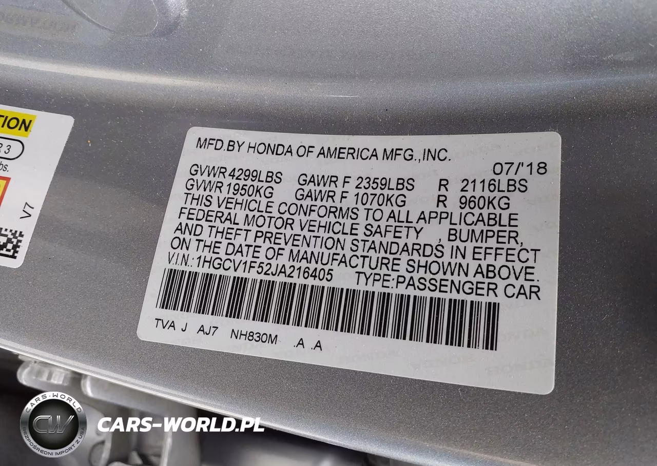 2018 Honda Accord Ex-L VIN:1HGCV1F52JA216405 - 9