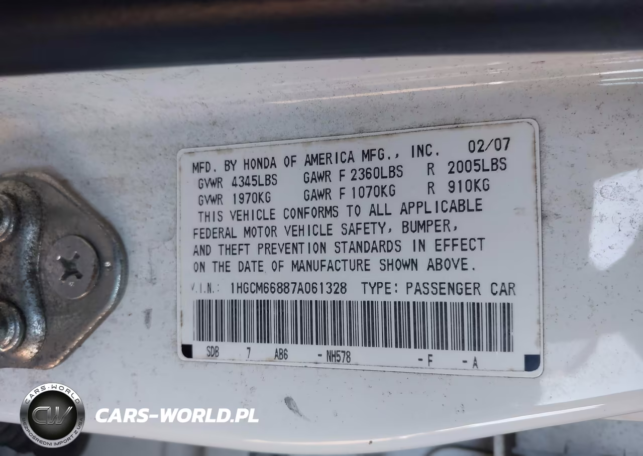 2007 Honda Accord 3.0 Ex VIN:1HGCM66887A061328 - 9