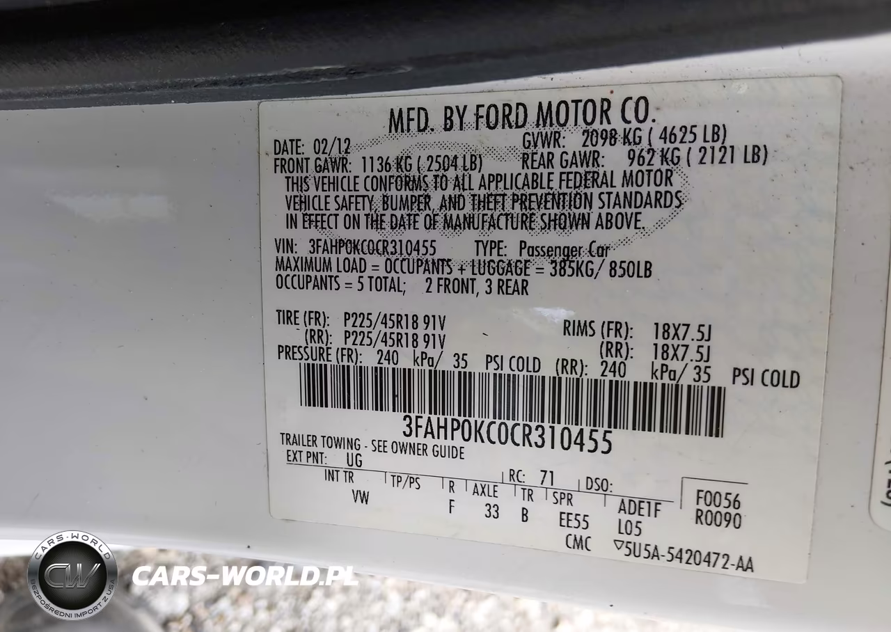 2012 Ford Fusion Sport VIN:3FAHP0KC0CR310455 - 9