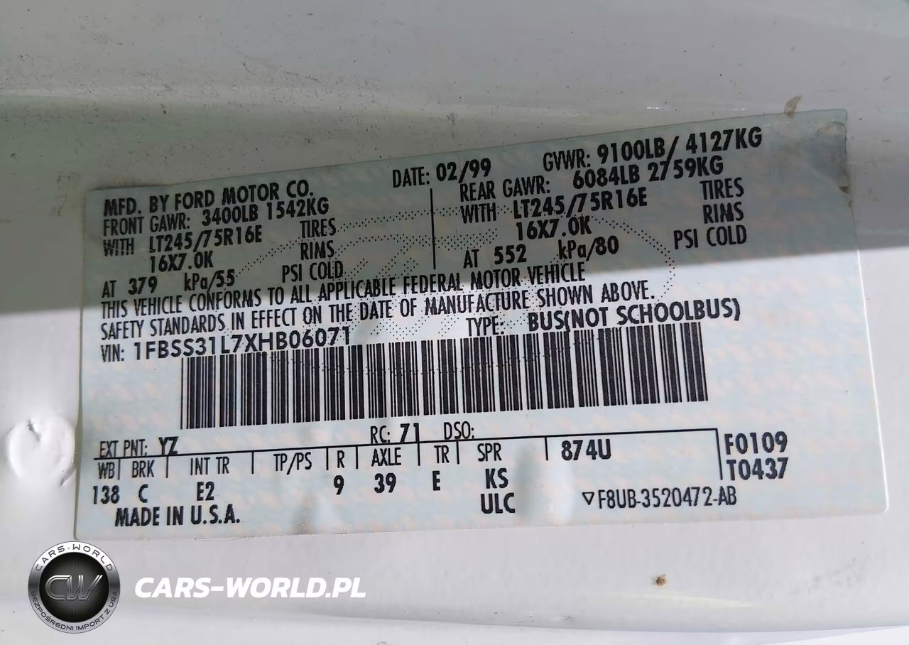 1999 Ford E-350 Super Duty Xl-Xlt VIN:1FBSS31L7XHB06071 - 9