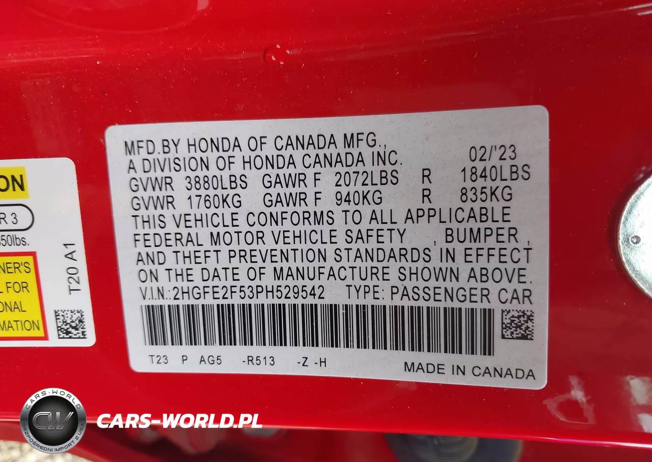 2023 Honda Civic Sport VIN:2HGFE2F53PH529542 - 9