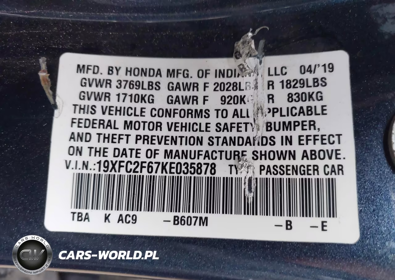 2019 Honda Civic Lx VIN:19XFC2F67KE035878 - 9