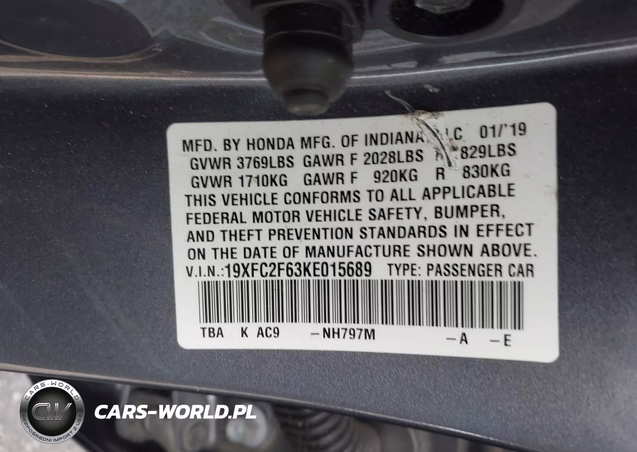 2019 Honda Civic Lx VIN:19XFC2F63KE015689 - 9