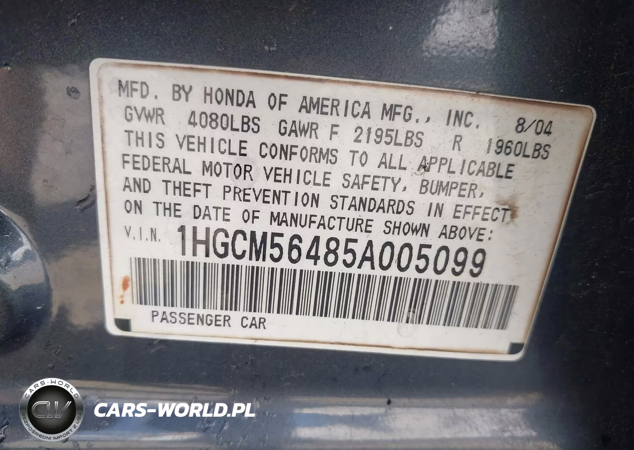 2005 Honda Accord 2.4 Lx VIN:1HGCM56485A005099 - 9
