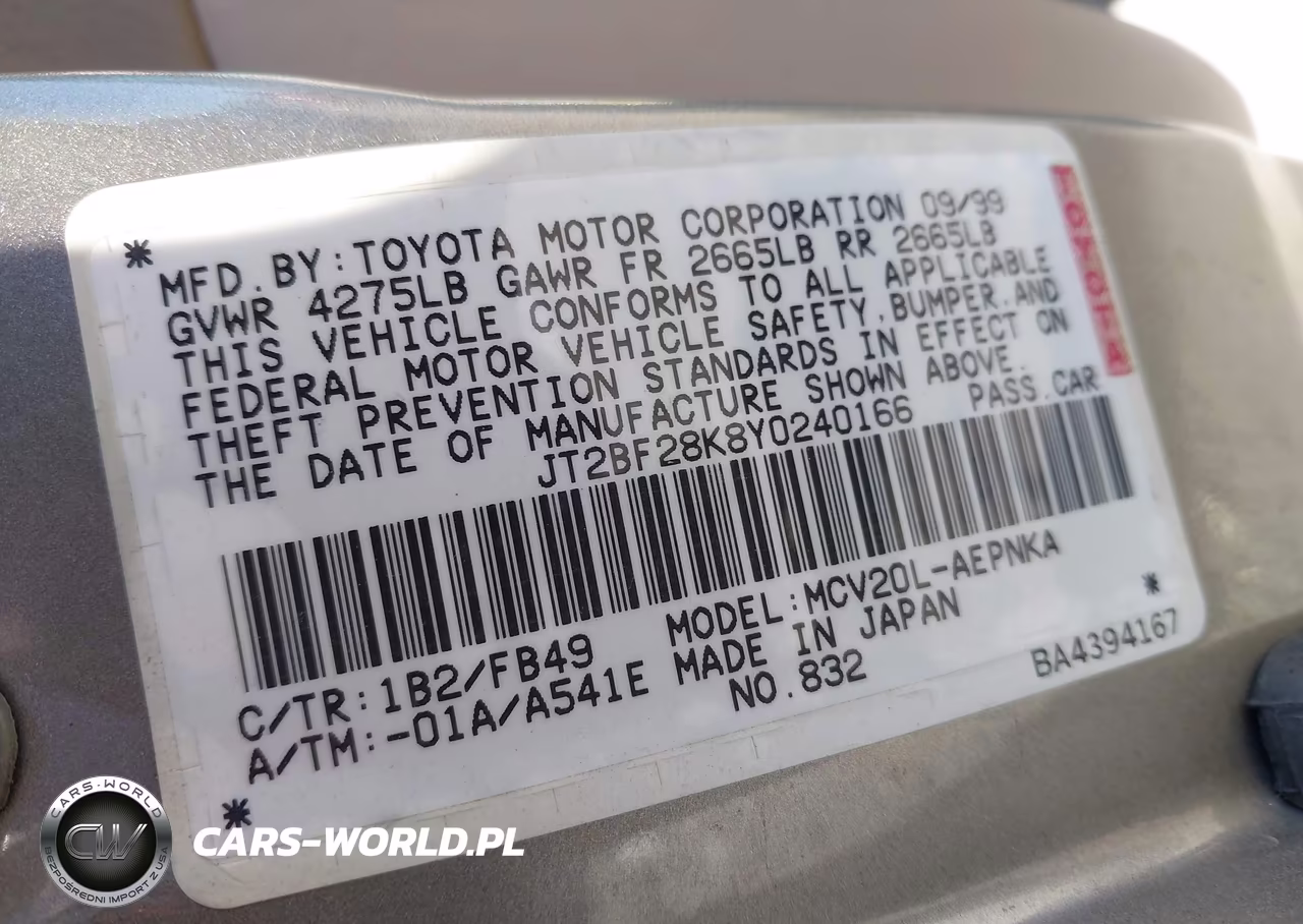 2000 Toyota Camry Le V6 VIN:JT2BF28K8Y0240166 - 9