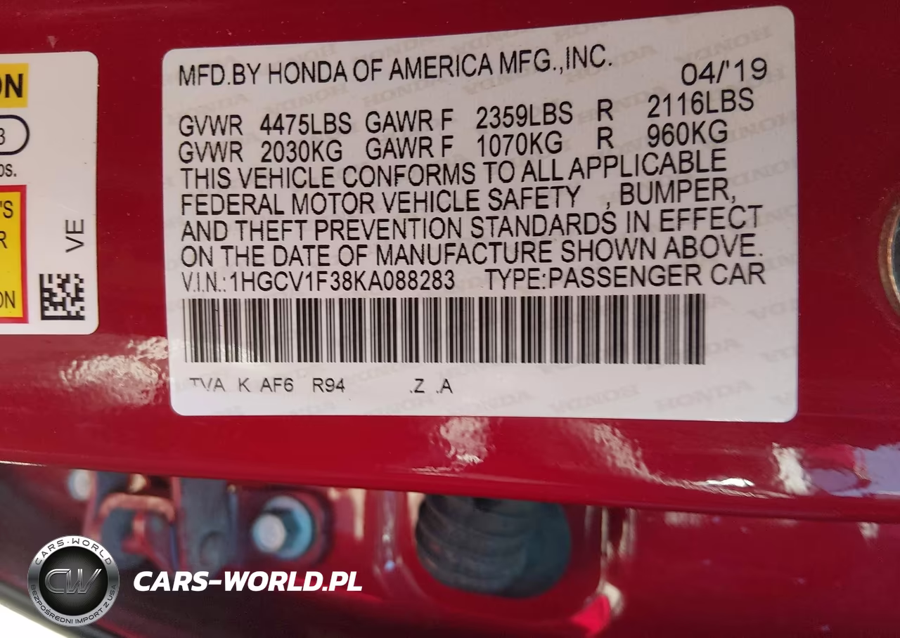 2019 Honda Accord Sport VIN:1HGCV1F38KA088283 - 9