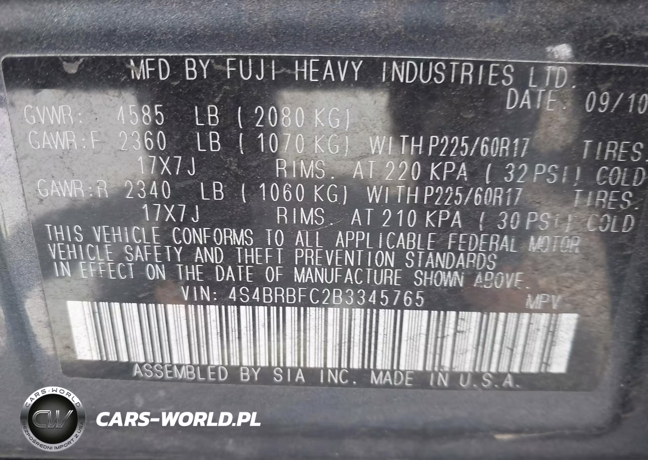 2011 Subaru Outback 2.5I Premium VIN:4S4BRBFC2B3345765 - 9
