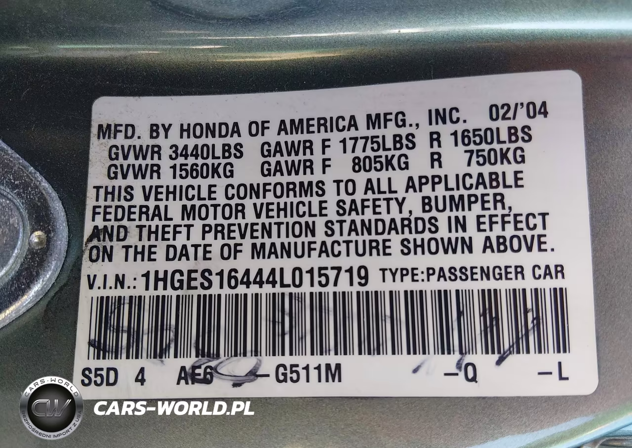 2004 Honda Civic Vp VIN:1HGES16444L015719 - 9