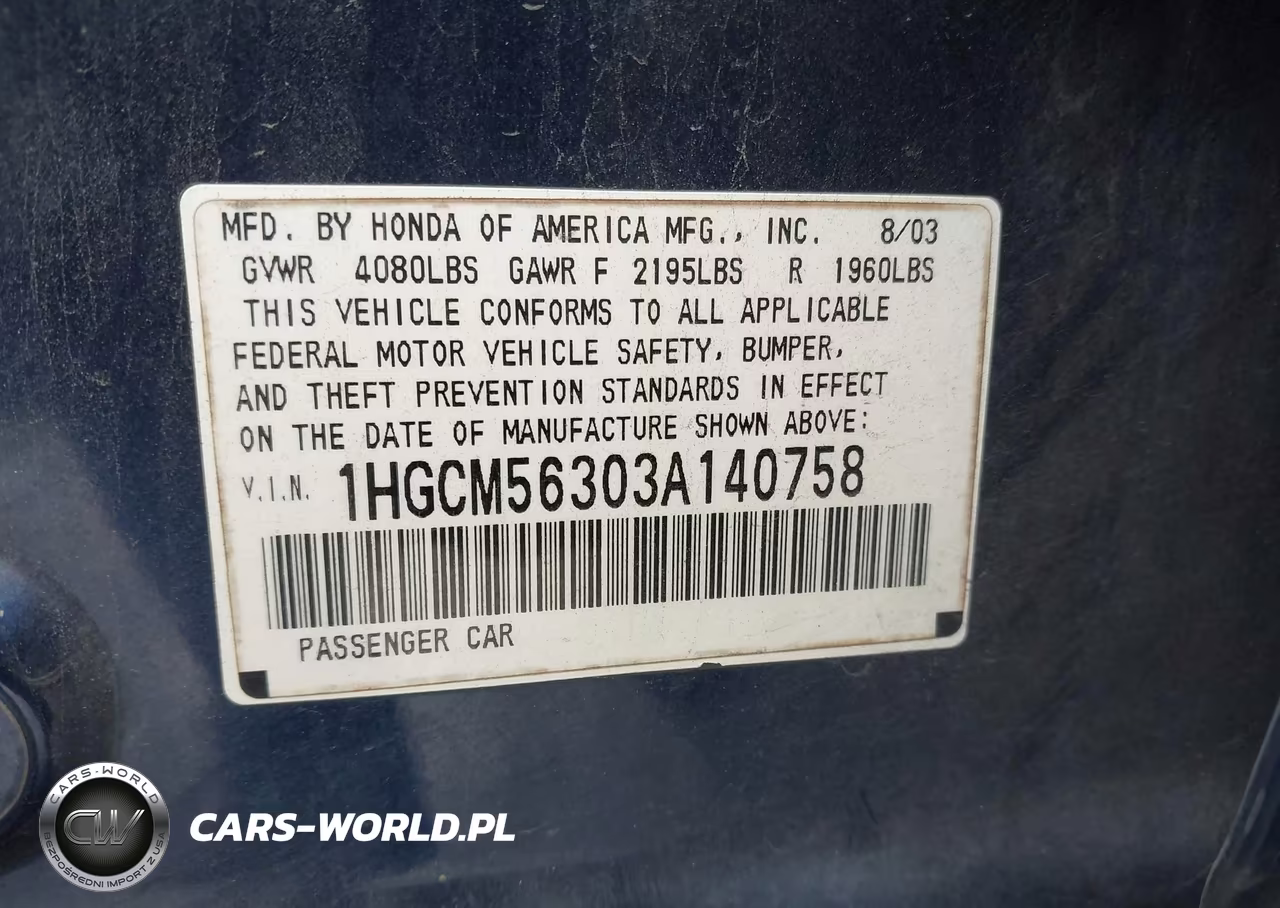 2003 Honda Accord 2.4 Lx VIN:1HGCM56303A140758 - 9