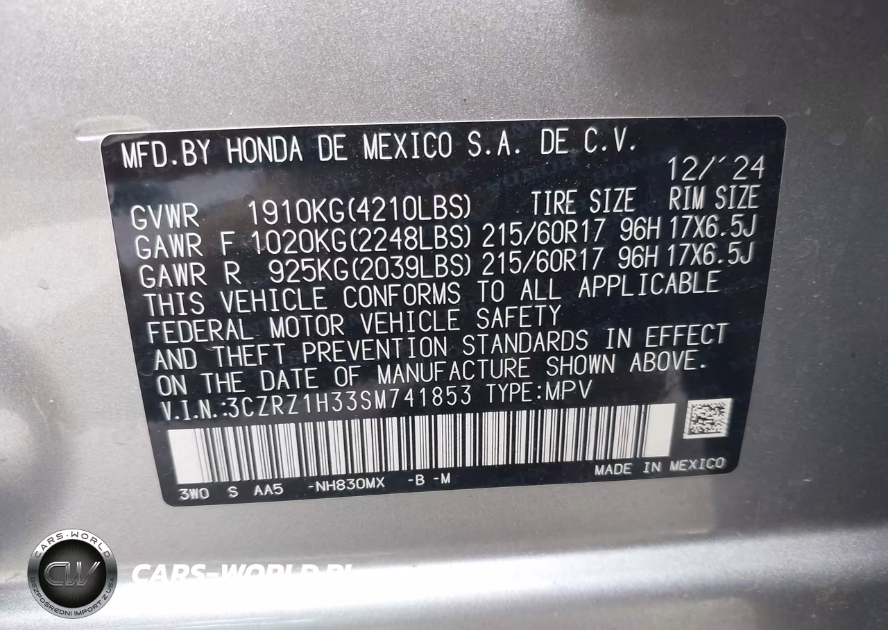 2025 Honda Hr-V 2Wd Lx VIN:3CZRZ1H33SM741853 - 9