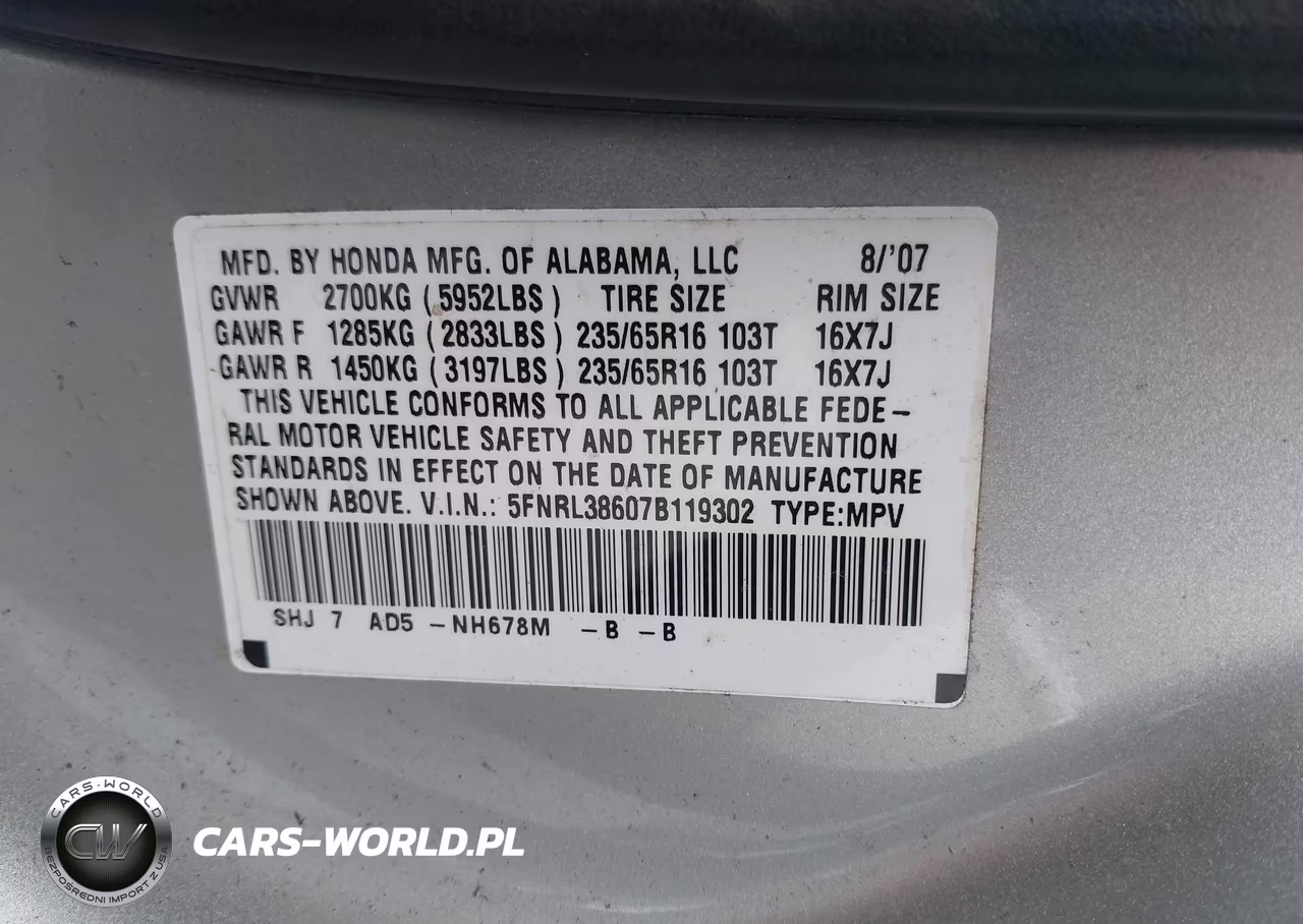 2007 Honda Odyssey Ex-L VIN:5FNRL38607B119302 - 9