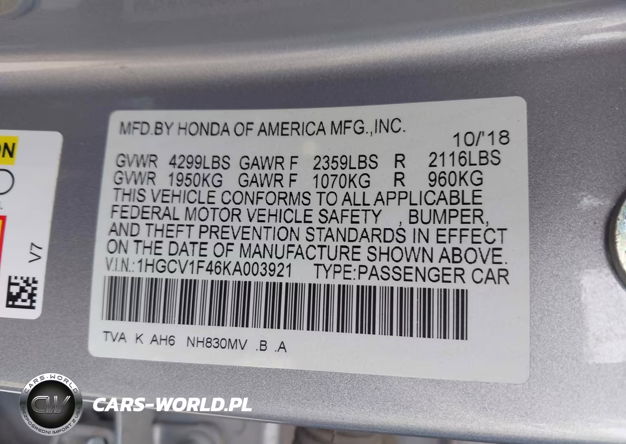 2019 Honda Accord Ex VIN:1HGCV1F46KA003921 - 9
