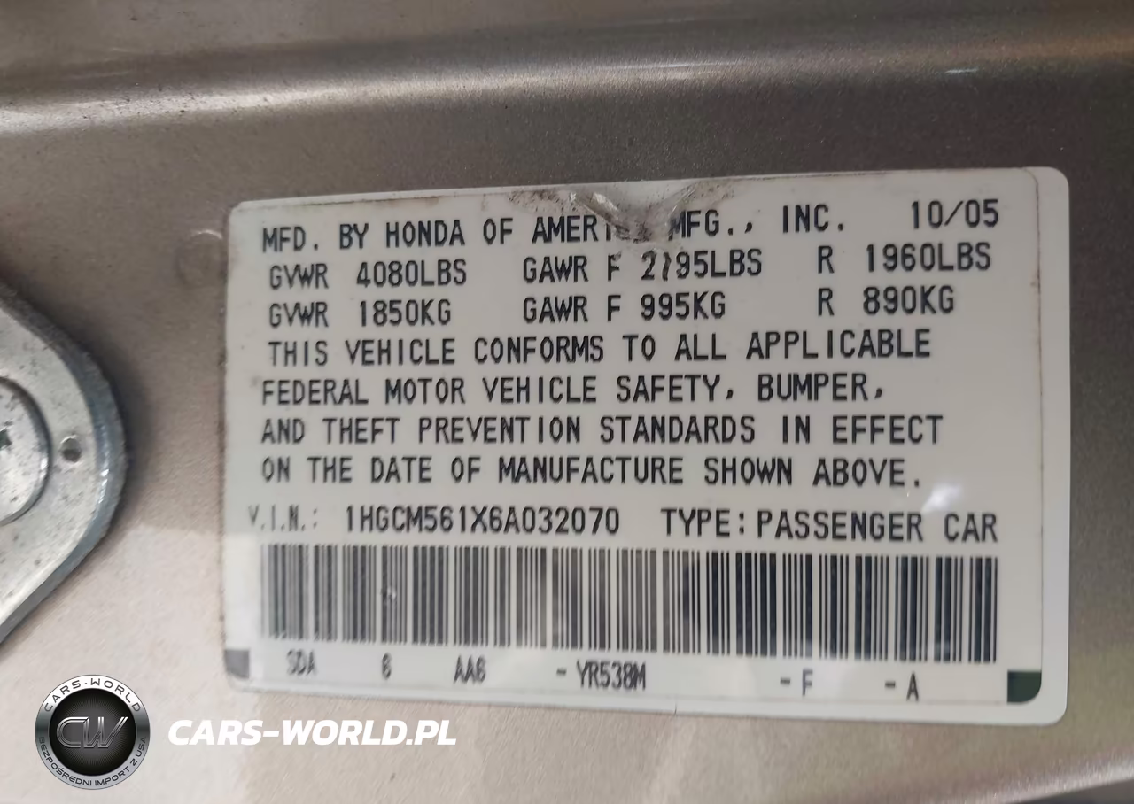 2006 Honda Accord 2.4 Vp VIN:1HGCM561X6A032070 - 9