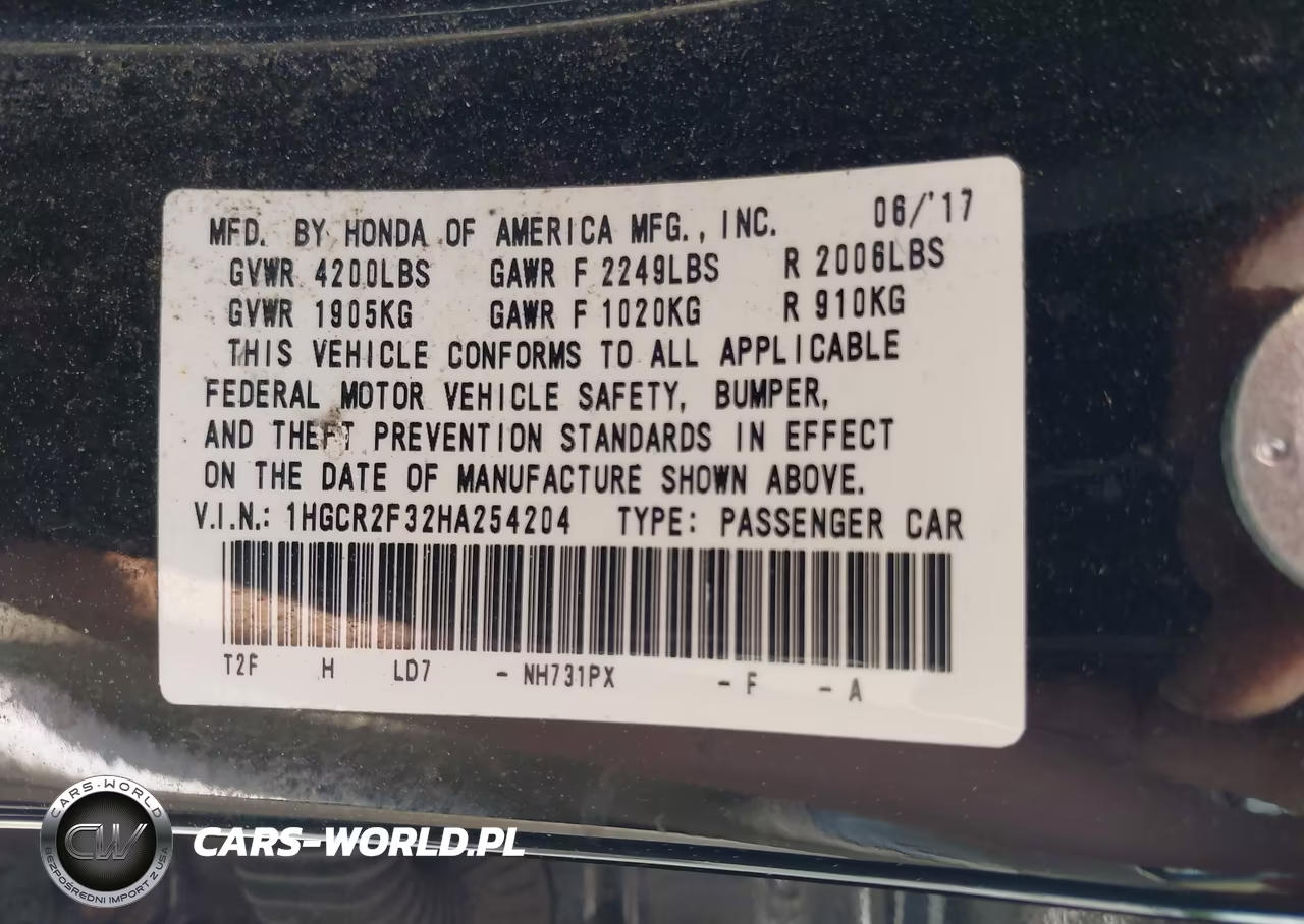 2017 Honda Accord Lx VIN:1HGCR2F32HA254204 - 9