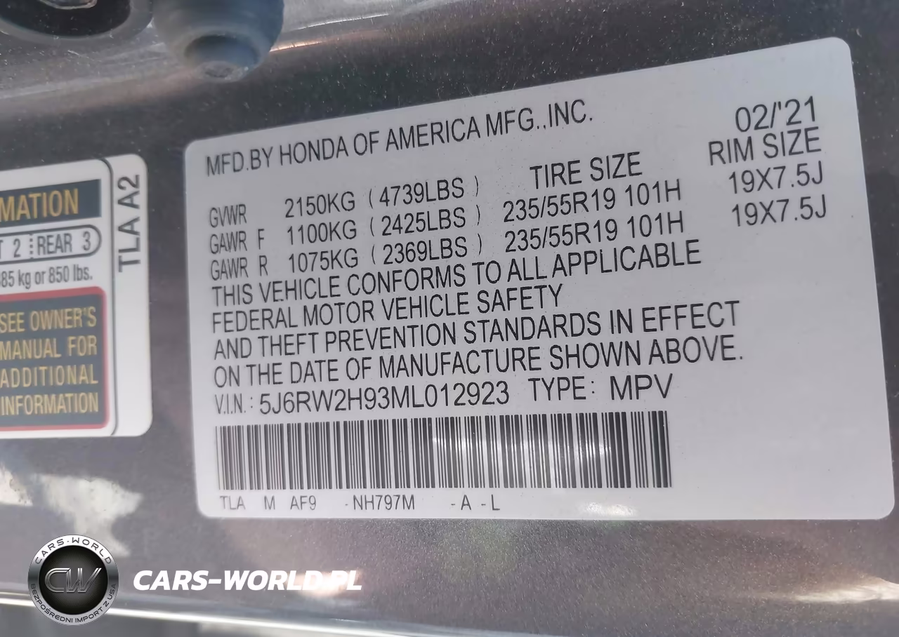 2021 Honda Cr-V Awd Touring VIN:5J6RW2H93ML012923 - 9