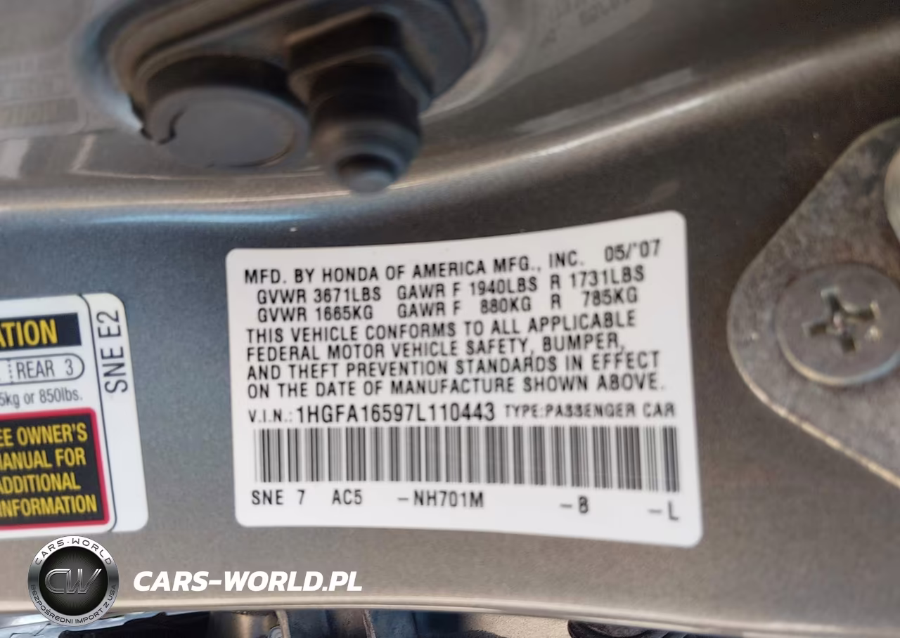 2007 Honda Civic Lx VIN:1HGFA16597L110443 - 9