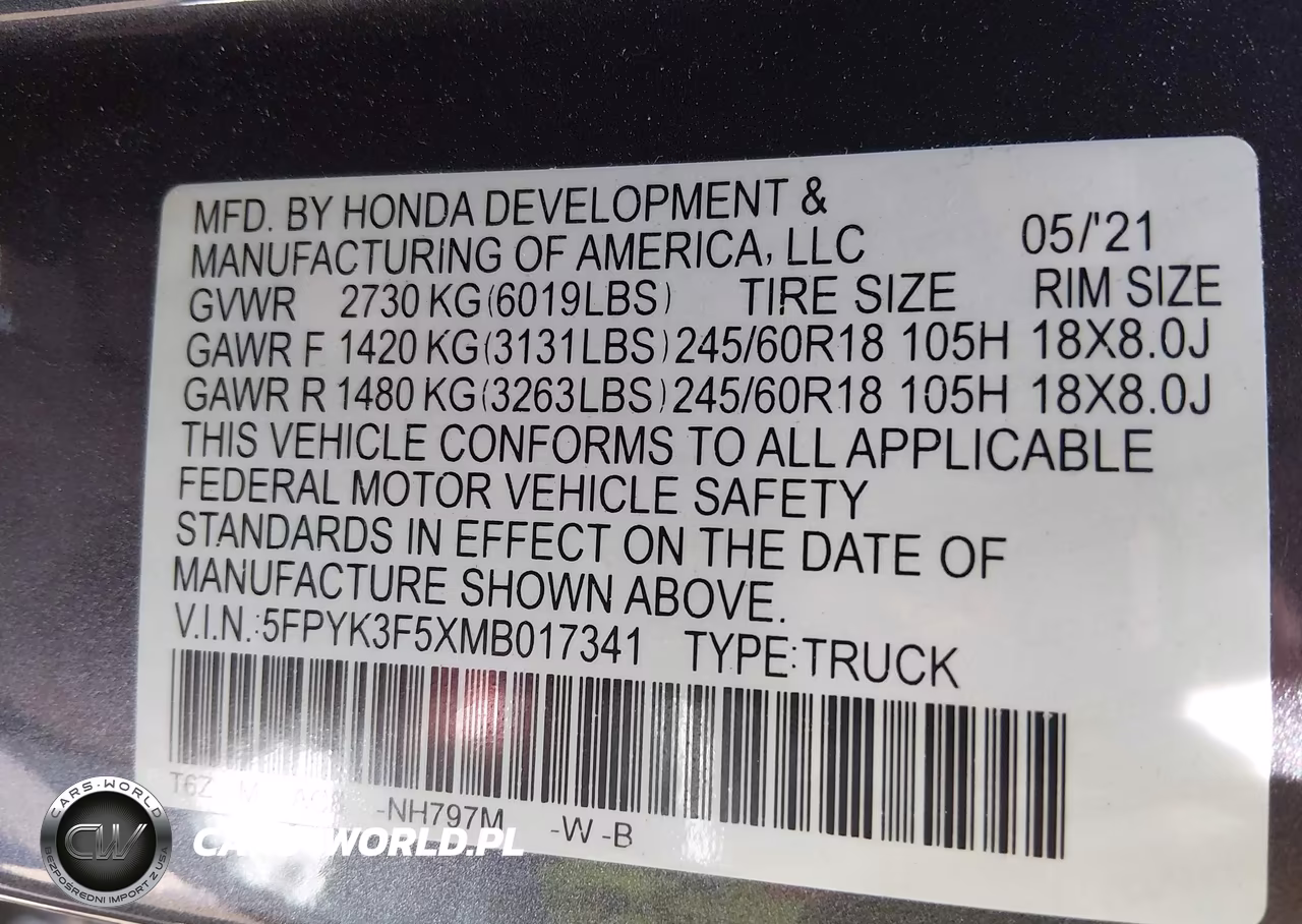 2021 Honda Ridgeline Awd Rtl VIN:5FPYK3F5XMB017341 - 9