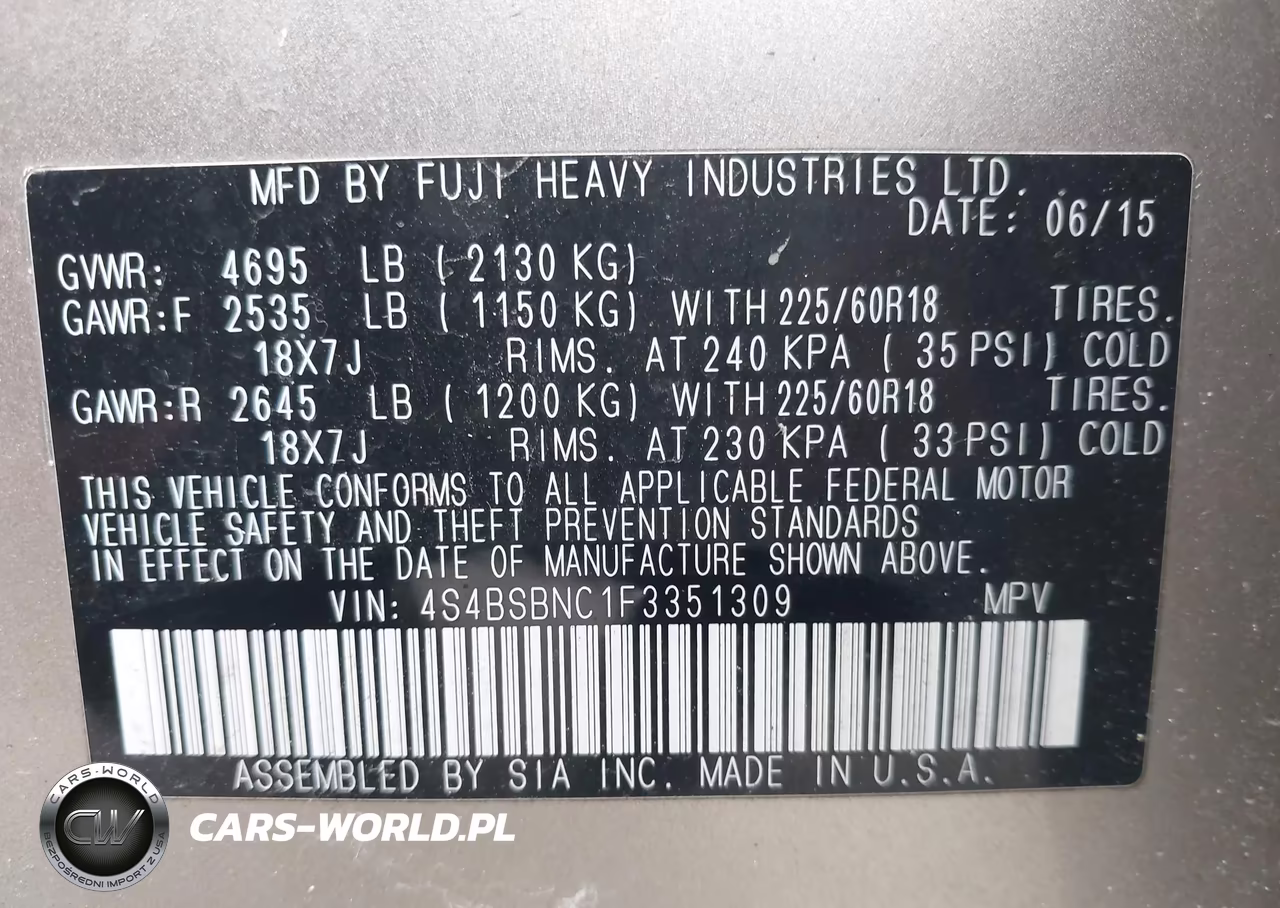 2015 Subaru Outback 2.5I Limited VIN:4S4BSBNC1F3351309 - 9
