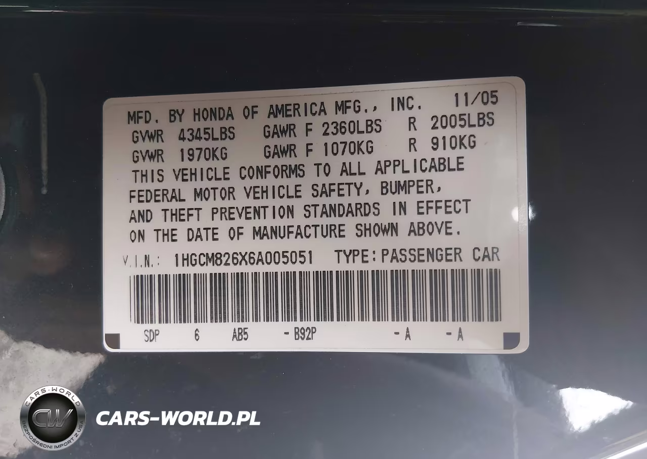 2006 Honda Accord 3.0 Ex VIN:1HGCM826X6A005051 - 9