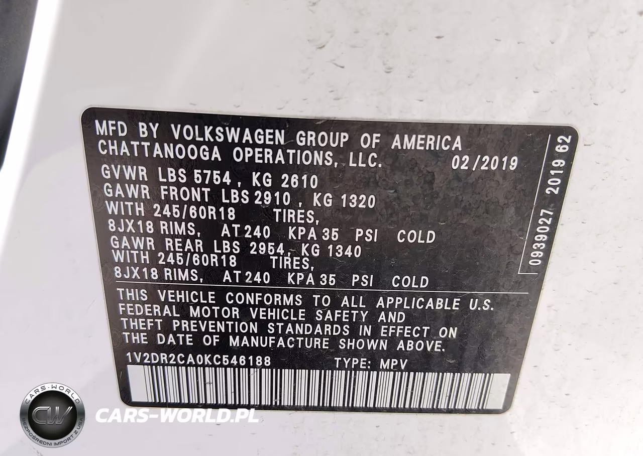 2019 Volkswagen Atlas 3.6L V6 Se VIN:1V2DR2CA0KC546188 - 9