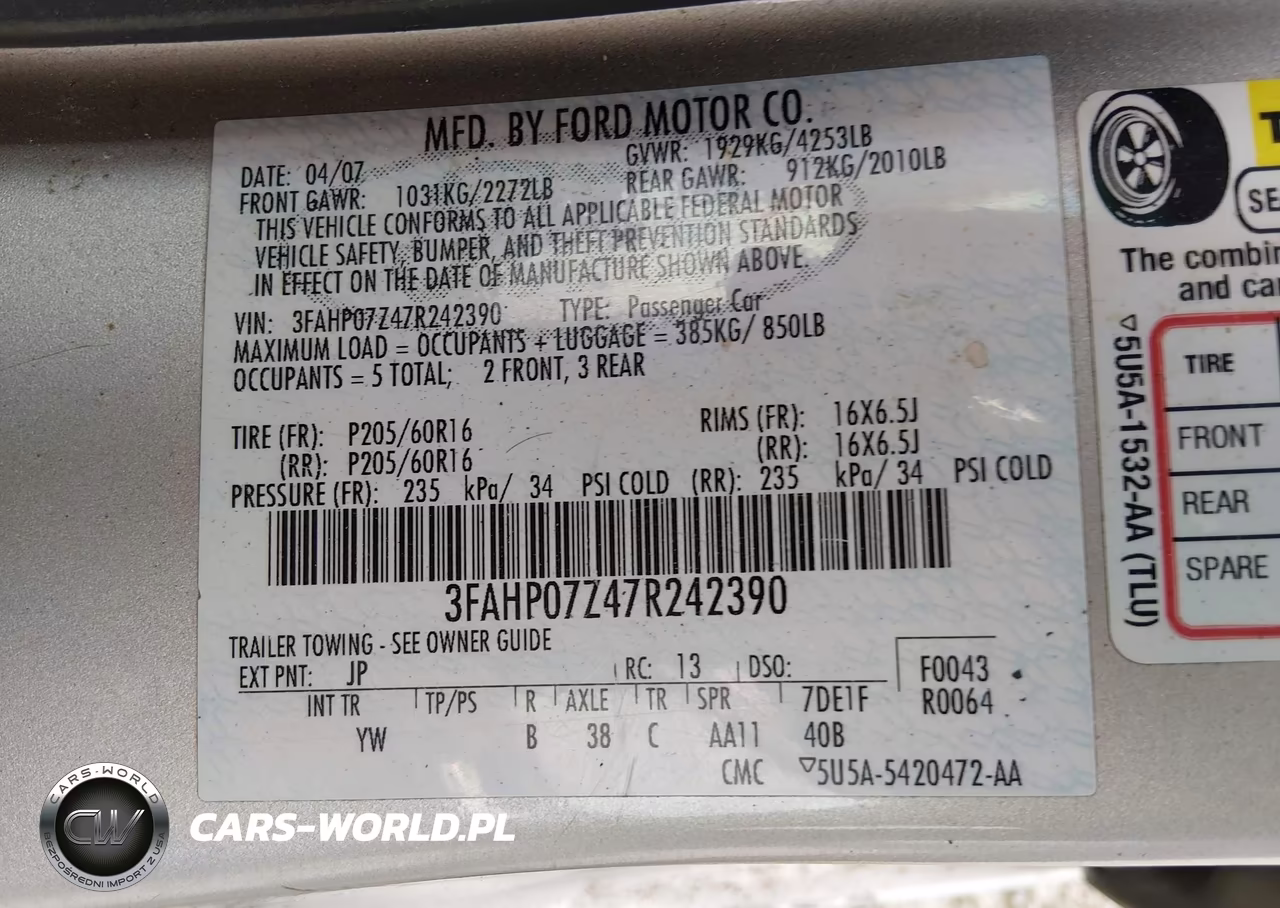 2007 Ford Fusion Se VIN:3FAHP07Z47R242390 - 9