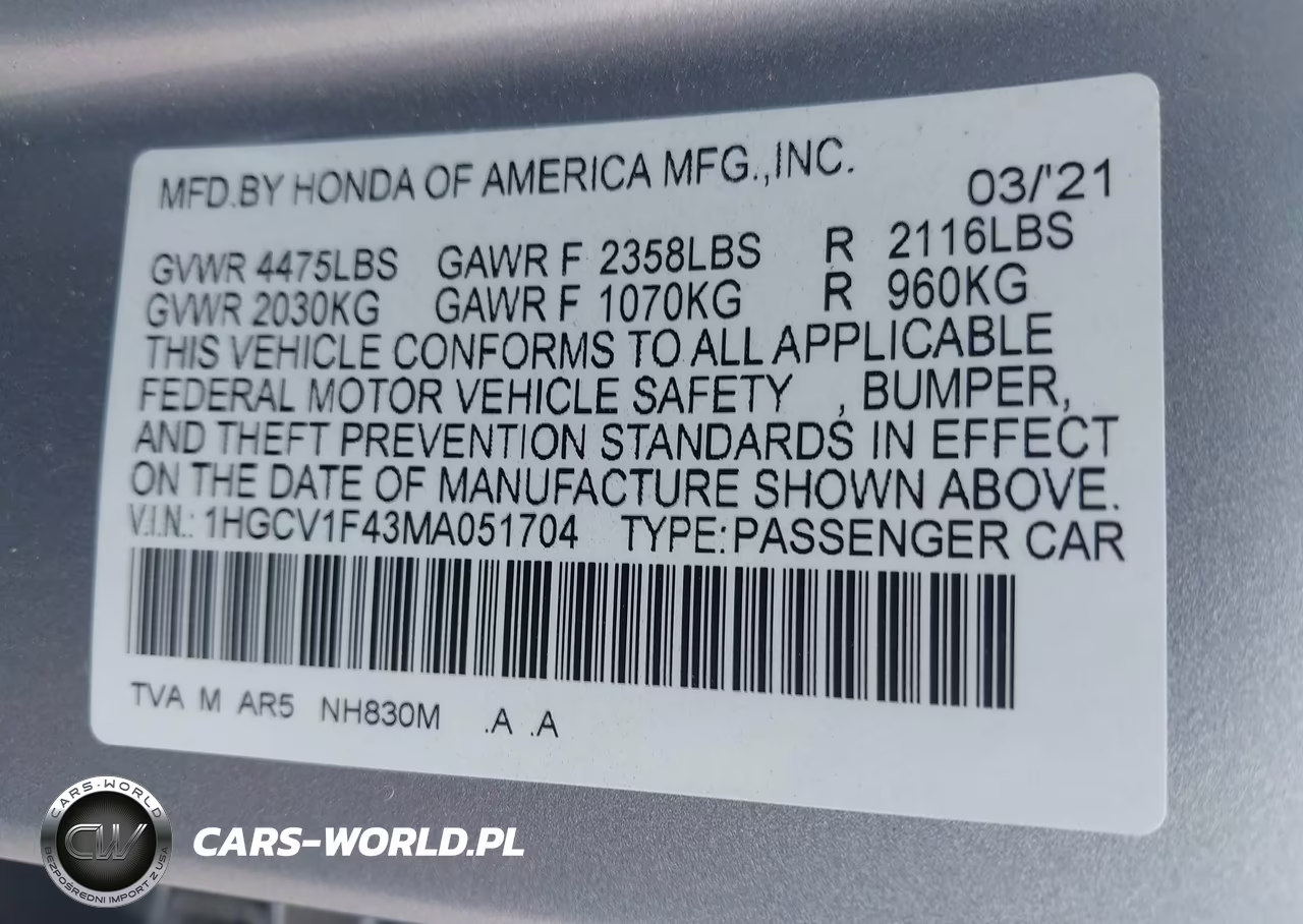 2021 Honda Accord Sport Special Edition VIN:1HGCV1F43MA051704 - 9