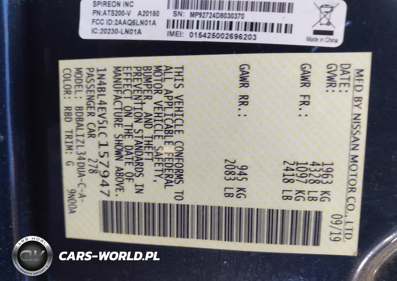 2020 Nissan Altima Sl Fwd VIN:1N4BL4EV5LC157947 - 9