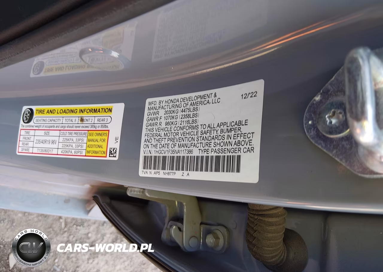 2022 Honda Accord Sport VIN:1HGCV1F35NA117386 - 9