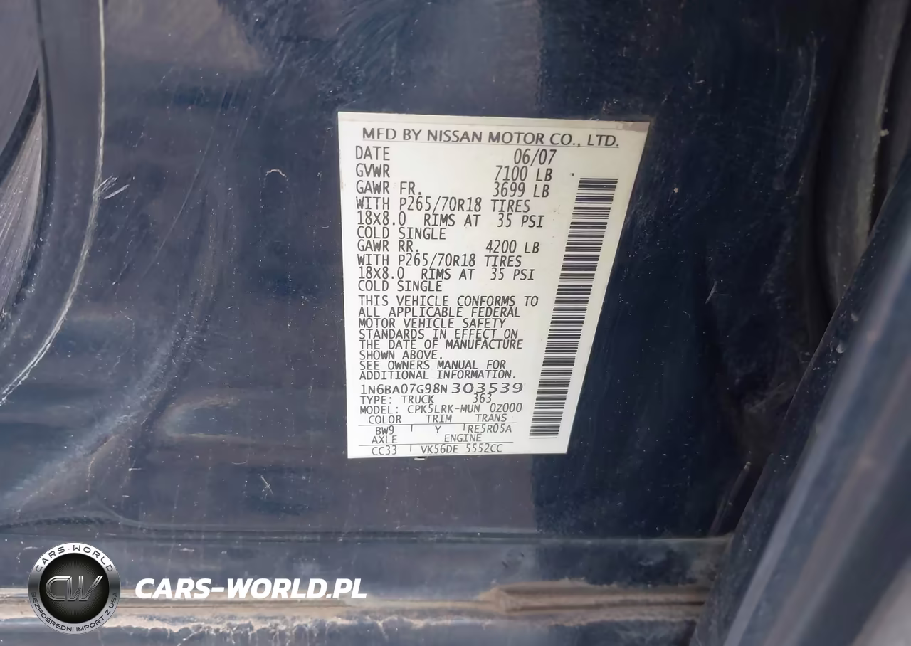 2008 Nissan Titan Xe VIN:1N6BA07G98N303539 - 9