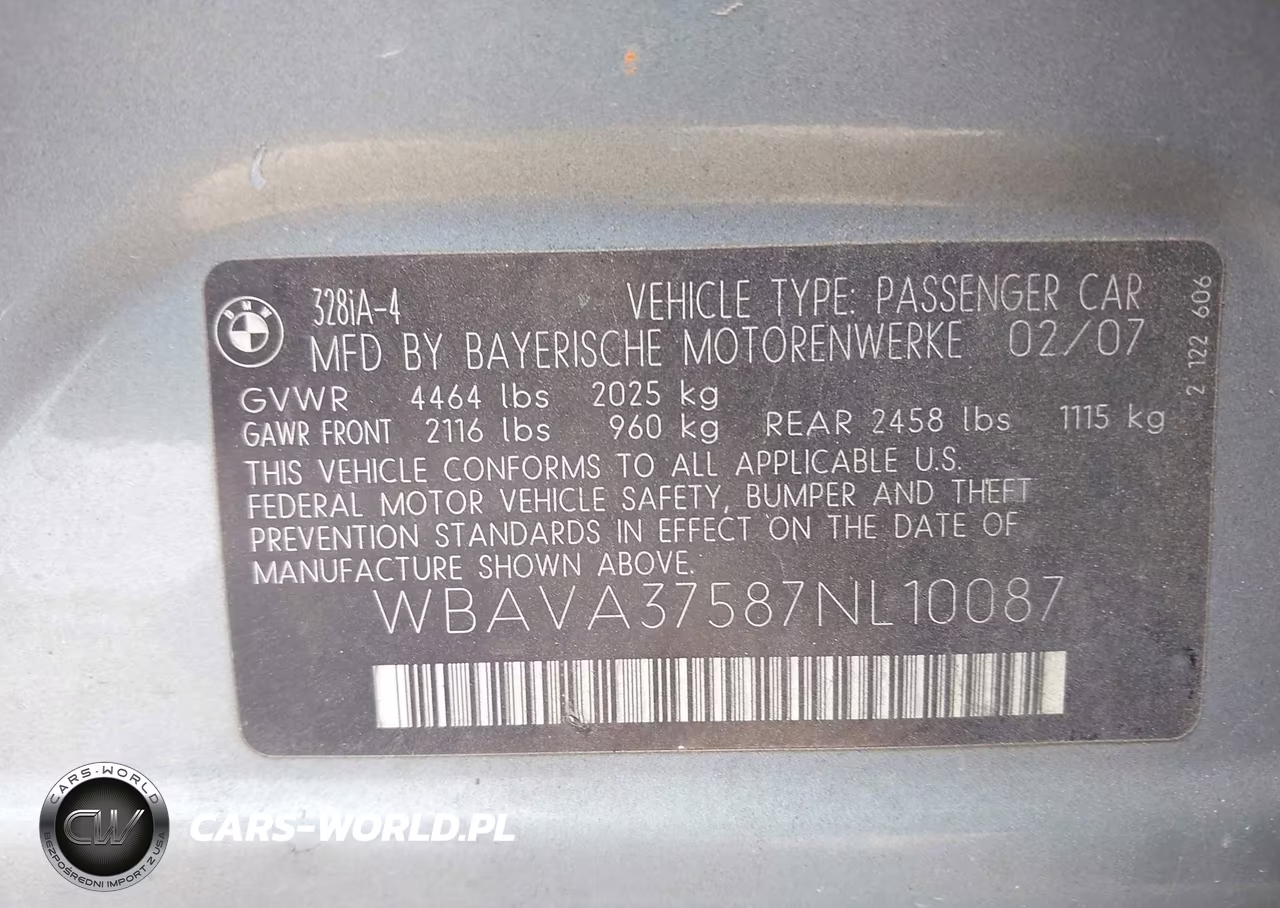 2007 BMW 328I VIN:WBAVA37587NL10087 - 9