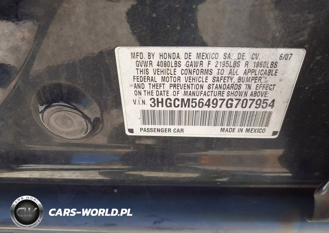 2007 Honda Accord 2.4 Lx VIN:3HGCM56497G707954 - 9