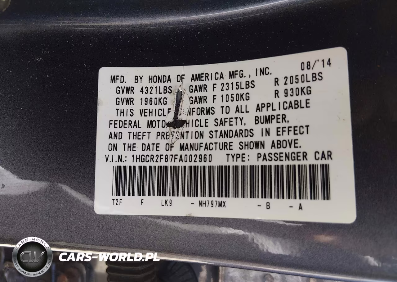 2015 Honda Accord Ex-L VIN:1HGCR2F87FA002960 - 9