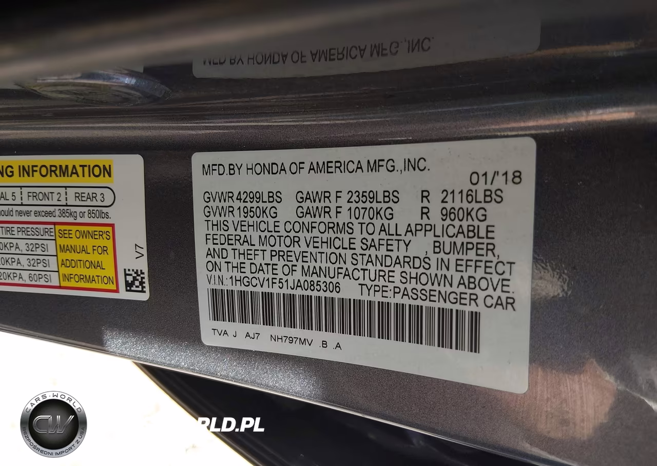 2018 Honda Accord Ex-L VIN:1HGCV1F51JA085306 - 9