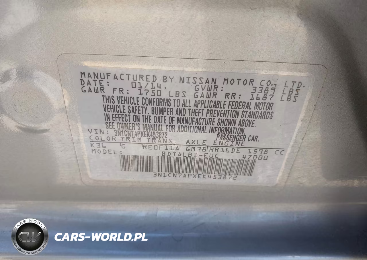 2014 Nissan Versa 1.6 S-1.6 S+-1.6 Sl-1.6 Sv VIN:3N1CN7APXEK453872 - 9