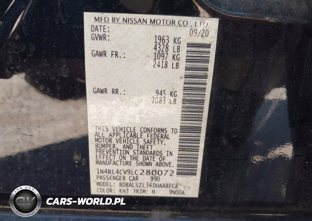 2020 Nissan Altima Sr Fwd VIN:1N4BL4CV9LC280072 - 9