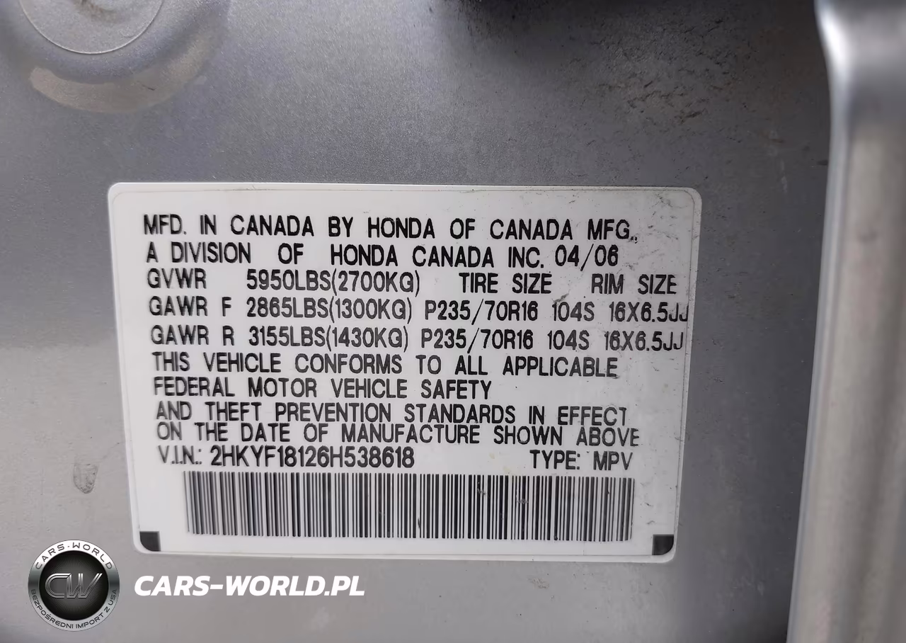 2006 Honda Pilot Lx VIN:2HKYF18126H538618 - 9