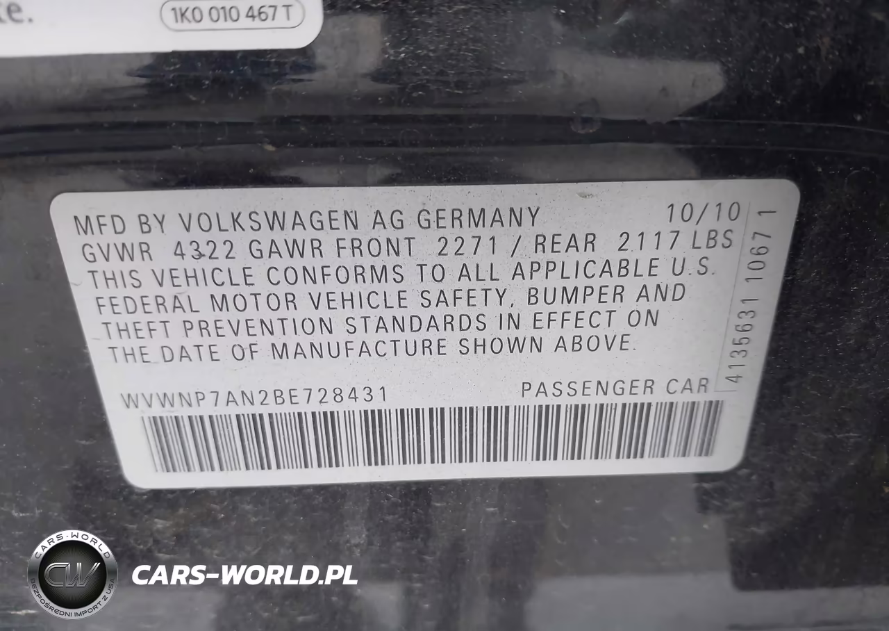 2011 Volkswagen Cc Sport VIN:WVWNP7AN2BE728431 - 9