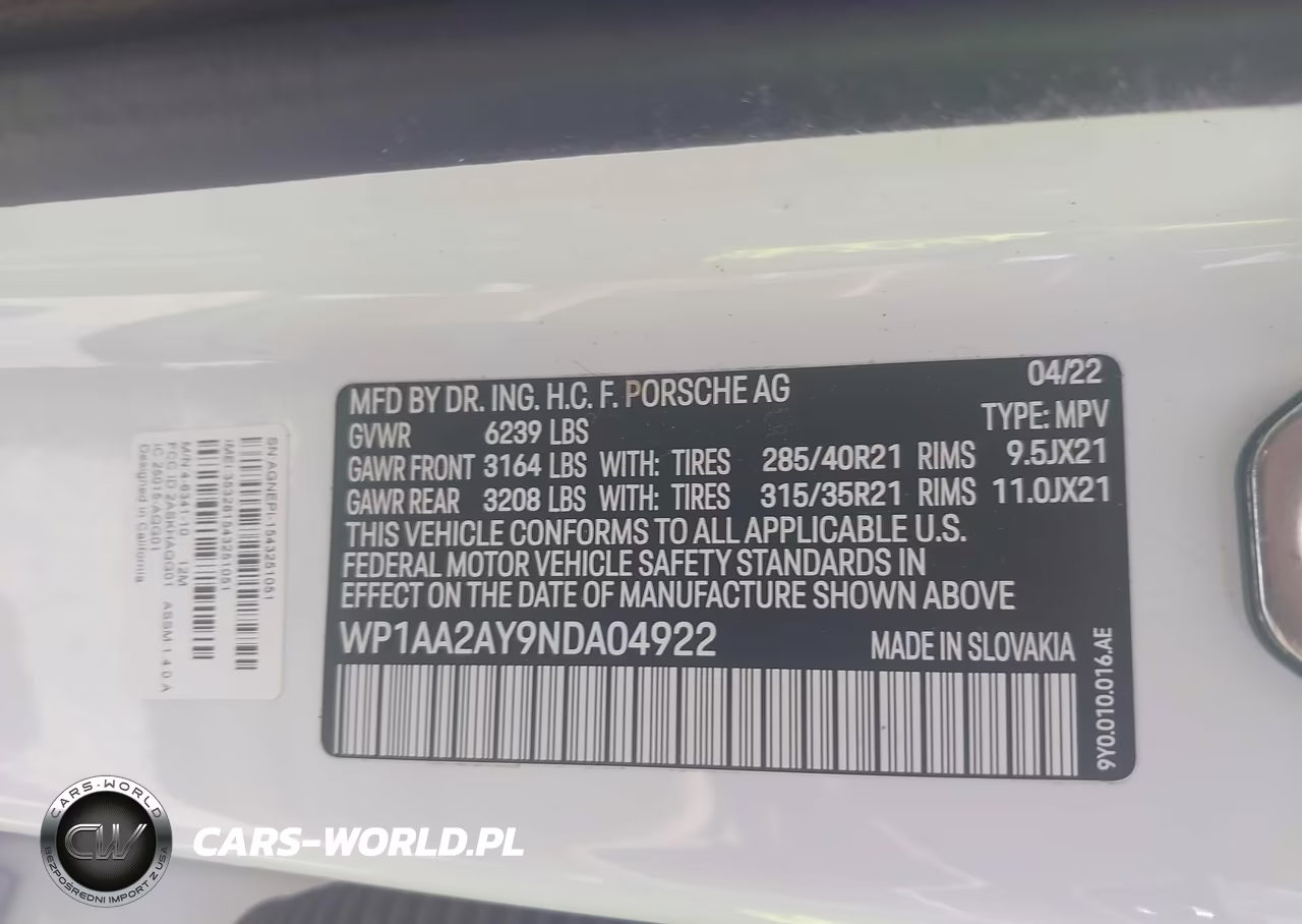 2022 Porsche Cayenne Platinum Edition VIN:WP1AA2AY9NDA04922 - 9