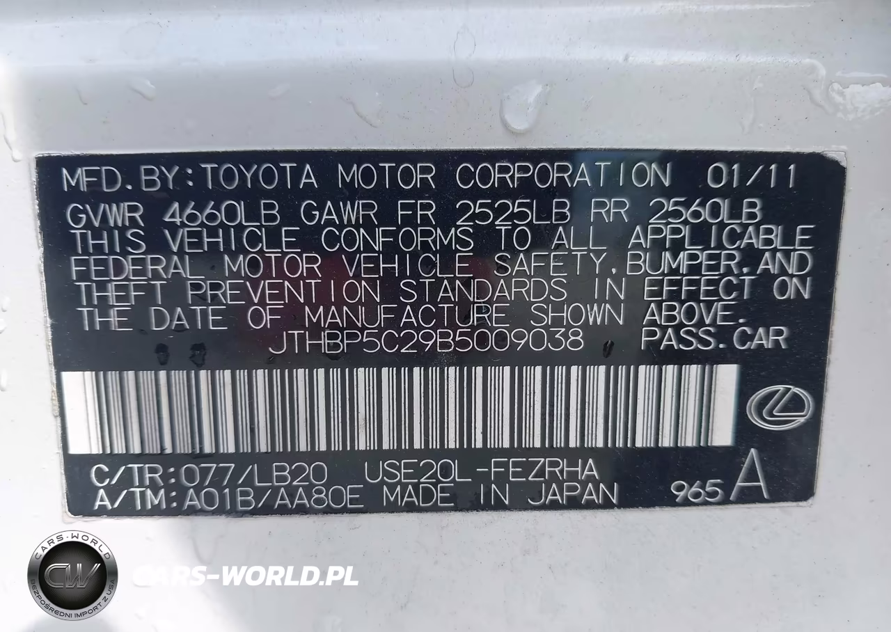 2011 Lexus Is F VIN:JTHBP5C29B5009038 - 9