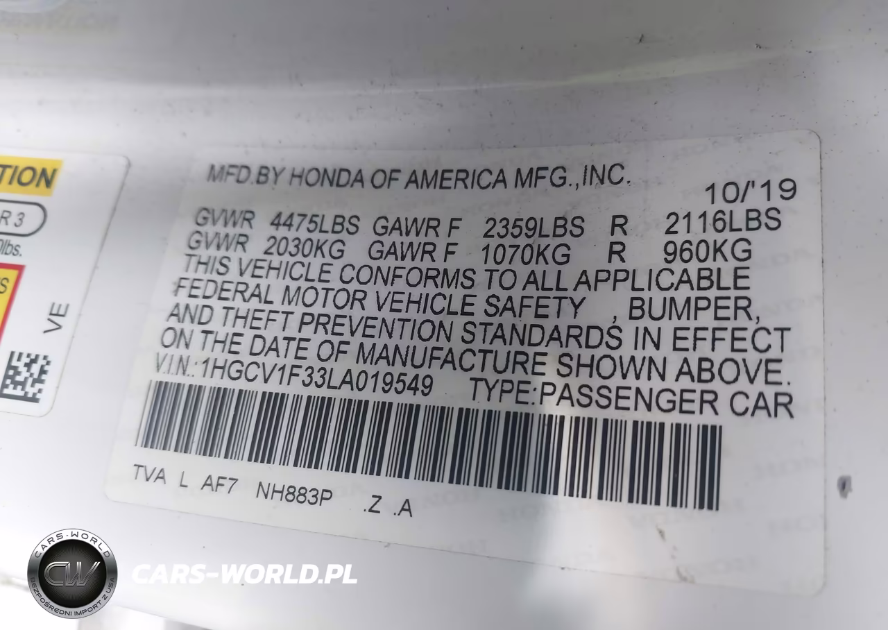 2020 Honda Accord Sport VIN:1HGCV1F33LA019549 - 9