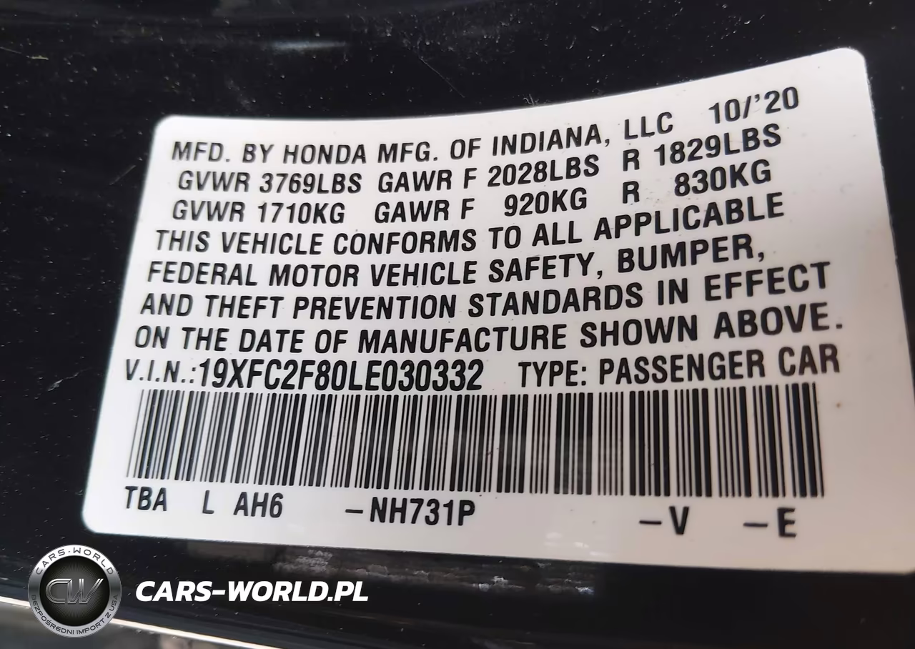 2020 Honda Civic Sport VIN:19XFC2F80LE030332 - 9