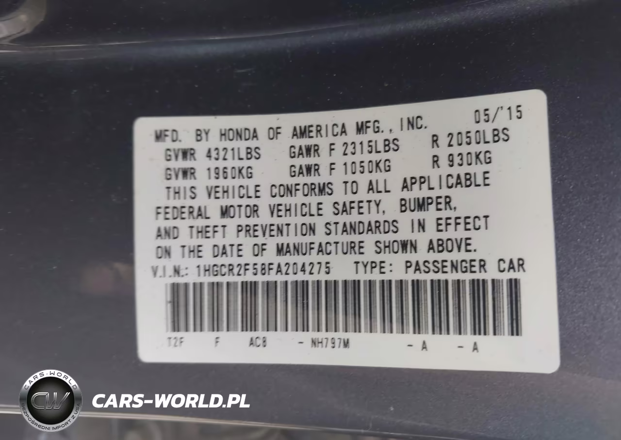 2015 Honda Accord Sport VIN:1HGCR2F58FA204275 - 9