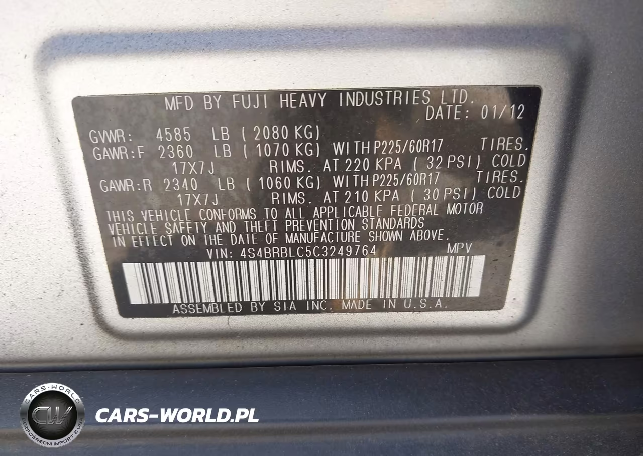 2012 Subaru Outback 2.5I Limited VIN:4S4BRBLC5C3249764 - 9