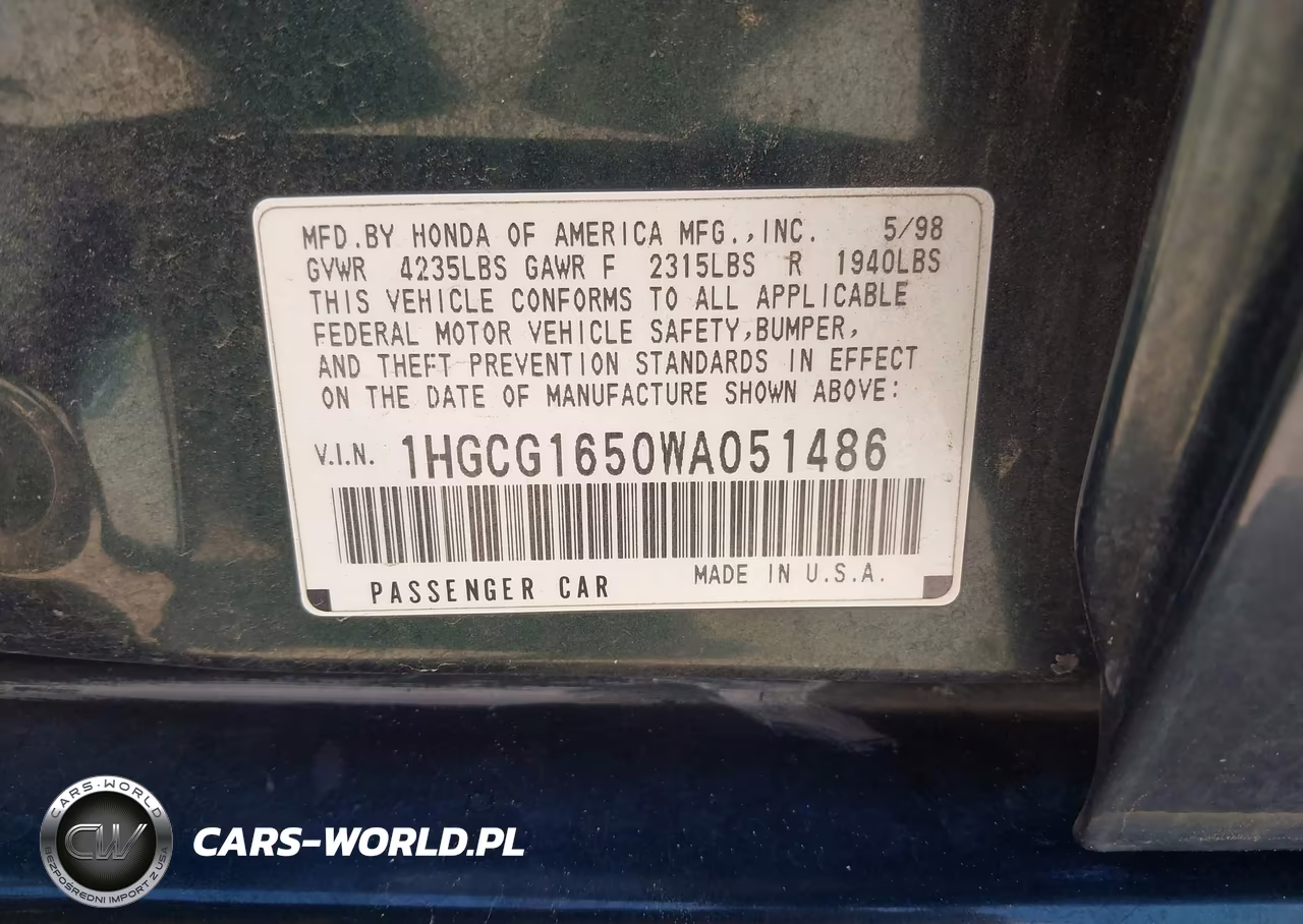 1998 Honda Accord Ex V6 VIN:1HGCG165OWA051486 - 9