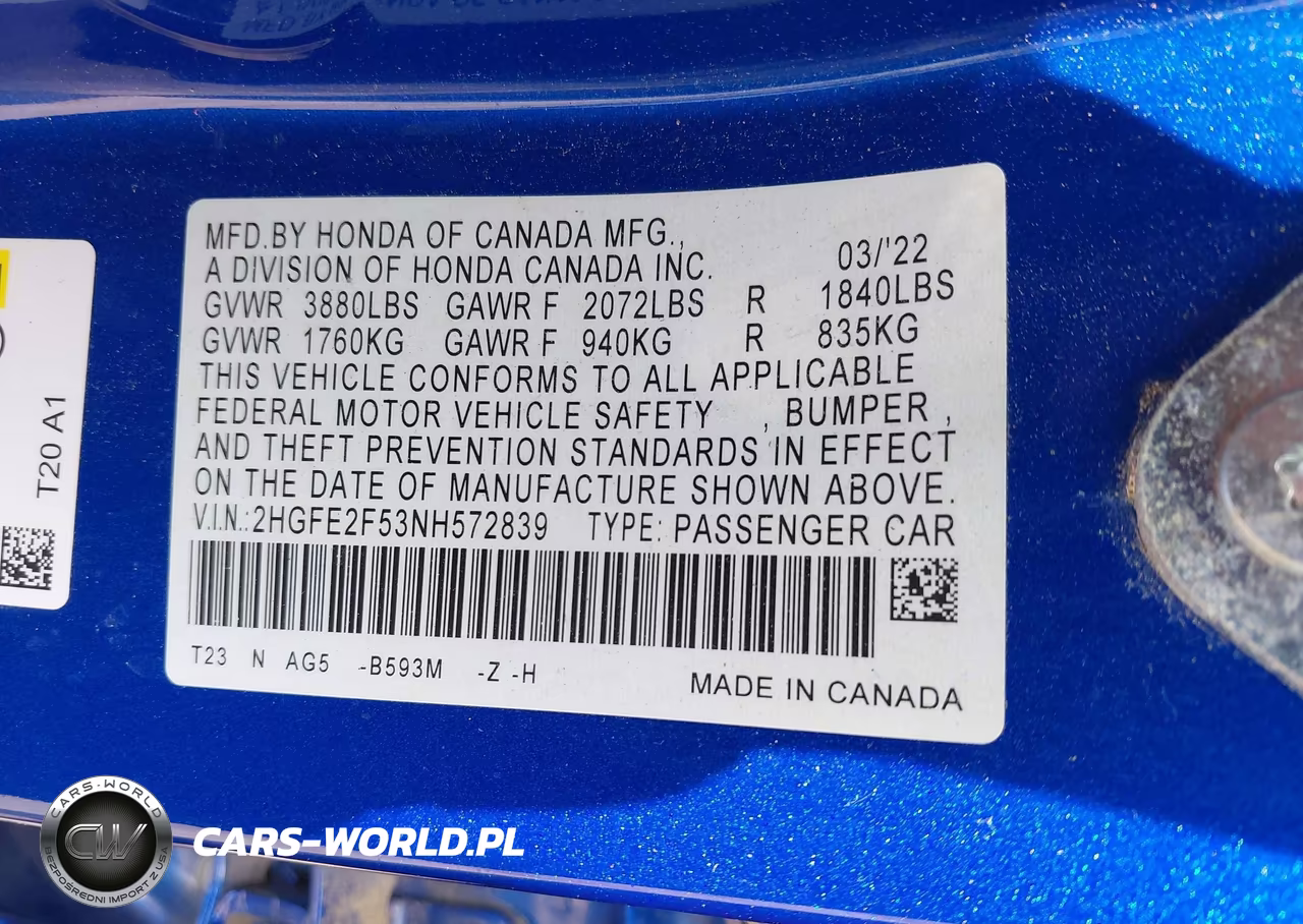 2022 Honda Civic Sport VIN:2HGFE2F53NH572839 - 9