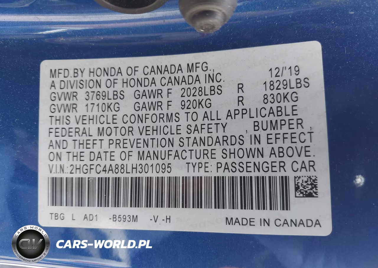 2020 Honda Civic Sport VIN:2HGFC4A88LH301095 - 9