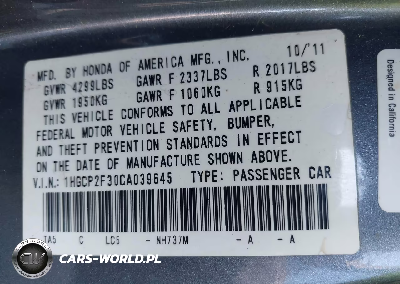 2012 Honda Accord 2.4 Lx VIN:1HGCP2F30CA039645 - 9