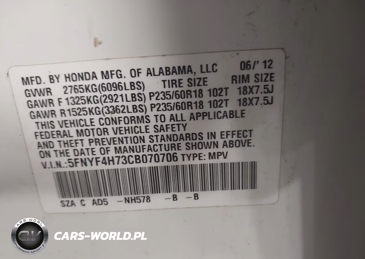 2012 Honda Pilot Ex-L VIN:5FNYF4H73CB070706 - 9